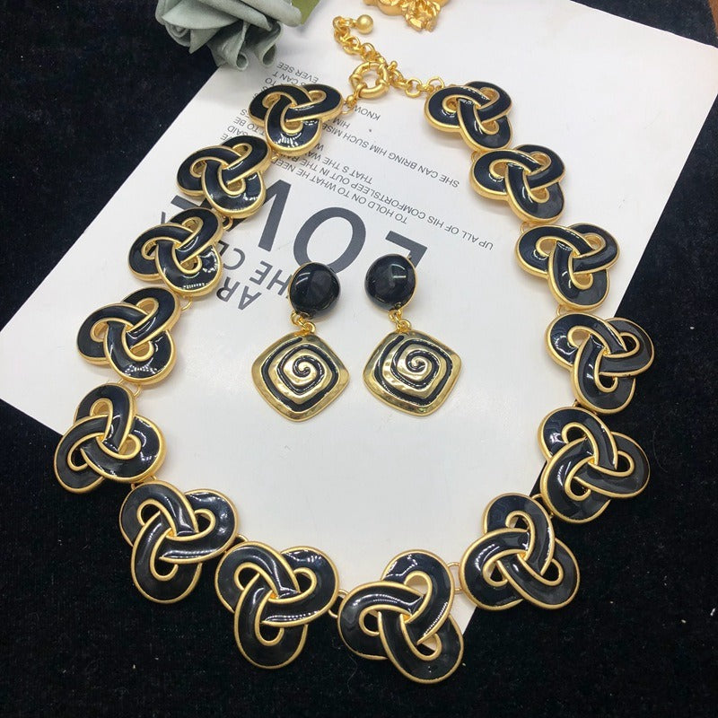 Classic black enamel necklace earring set