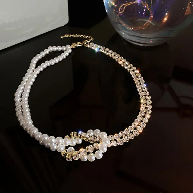 Pearl Crystal Choker Necklaces for Women Short Chain Rhinestone Necklaces Statement Jewelry