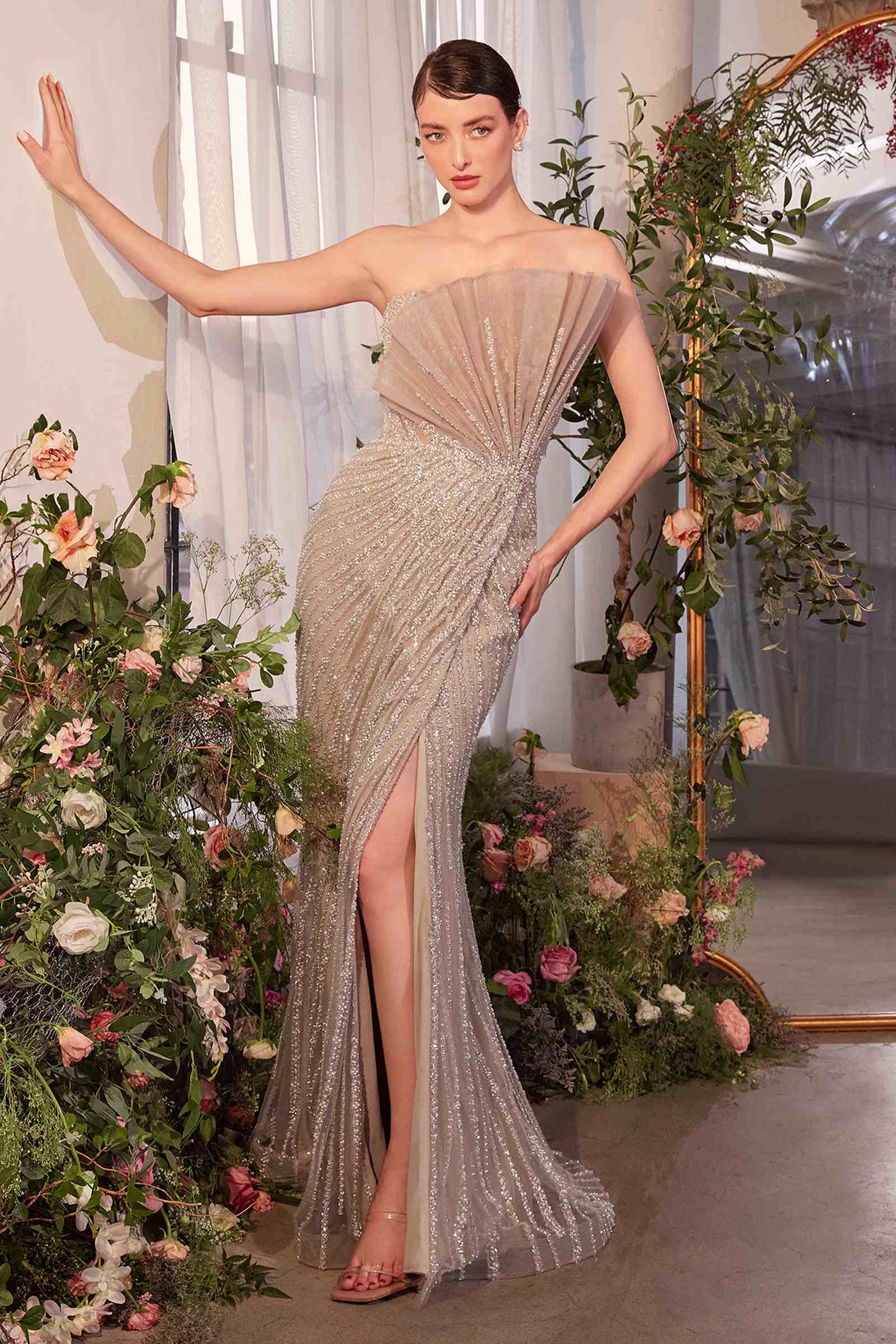 Andrea & Leo A1436 Dress Pleated Fan Bodice Fitted Pearl Gown