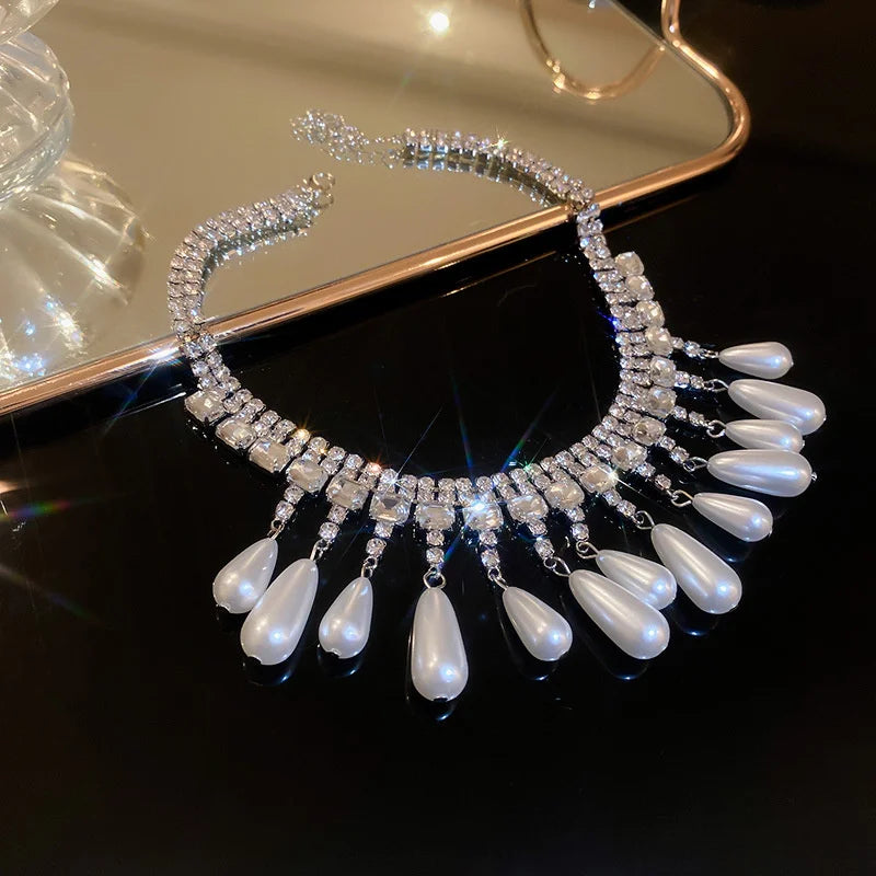 Luxury Water Drop Pearl Choker Necklaces for Women Long Tassel Crystal Necklaces Wedding Banquet Jewelry
