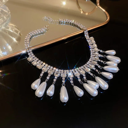 Luxury Water Drop Pearl Choker Necklaces for Women Long Tassel Crystal Necklaces Wedding Banquet Jewelry