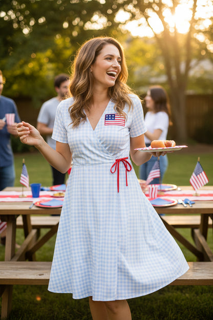 Patriotic plaid flag embroidery woman bikini swim cover up