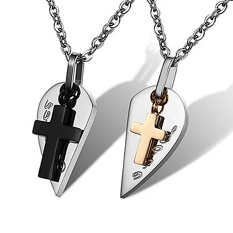 Couple necklace womens stainless steel fashion black cross necklaces lovers Heart pendant punk jewelry for neck male Accessories