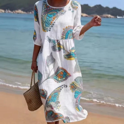 Women's 3D Floral Print Long-Sleeve A-Line Dress – Crew Neck Loose Fit