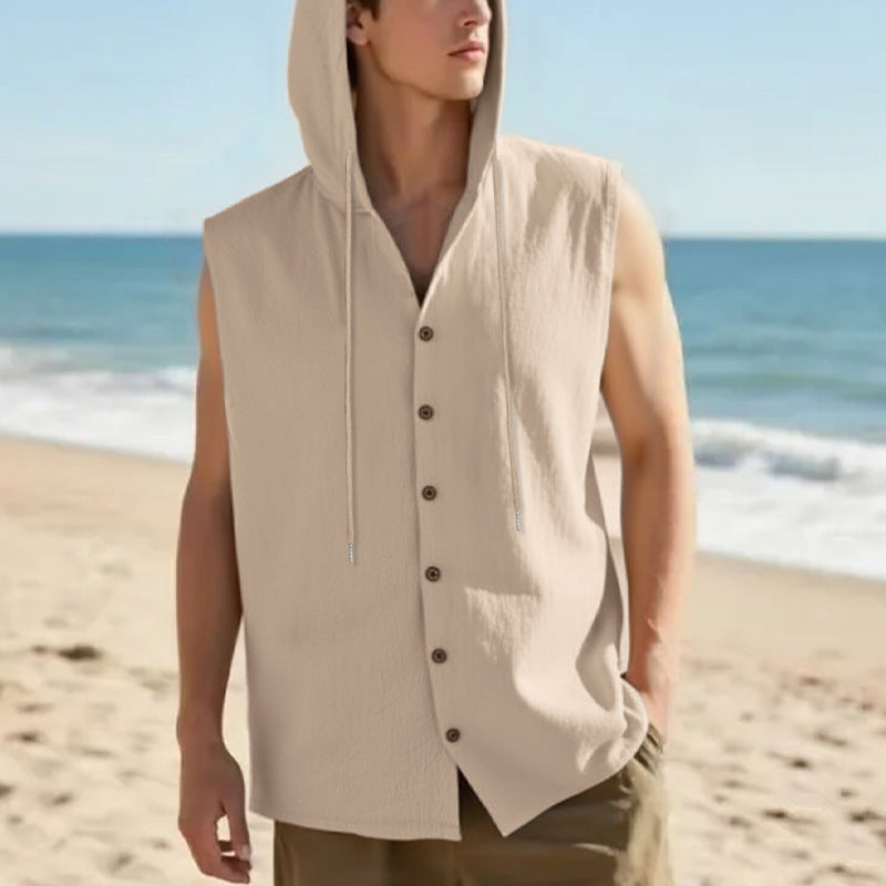 Casual Sleeveless Hooded Linen Vest for Men Breathable Solid ColorSummer Fashion