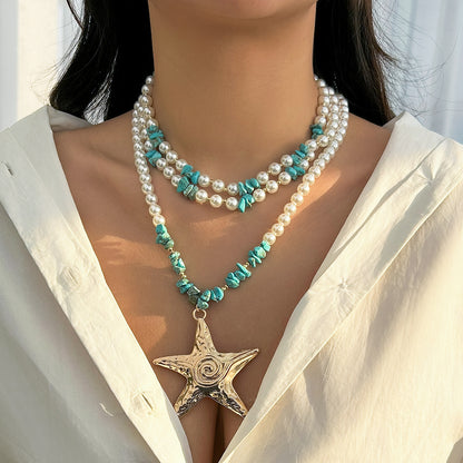 Exaggerated starfish pendant necklaces, niche women's necklaces, layered imitation pearl ocean style necklaces