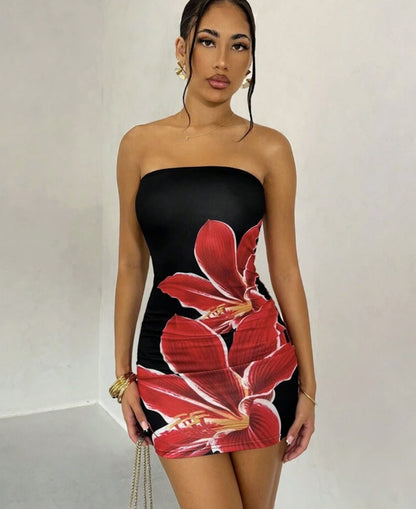 Skincare flower print slim fit hip hugging short dress