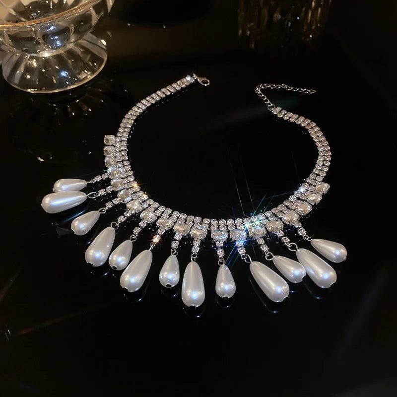 Luxury Water Drop Pearl Choker Necklaces for Women Long Tassel Crystal Necklaces Wedding Banquet Jewelry