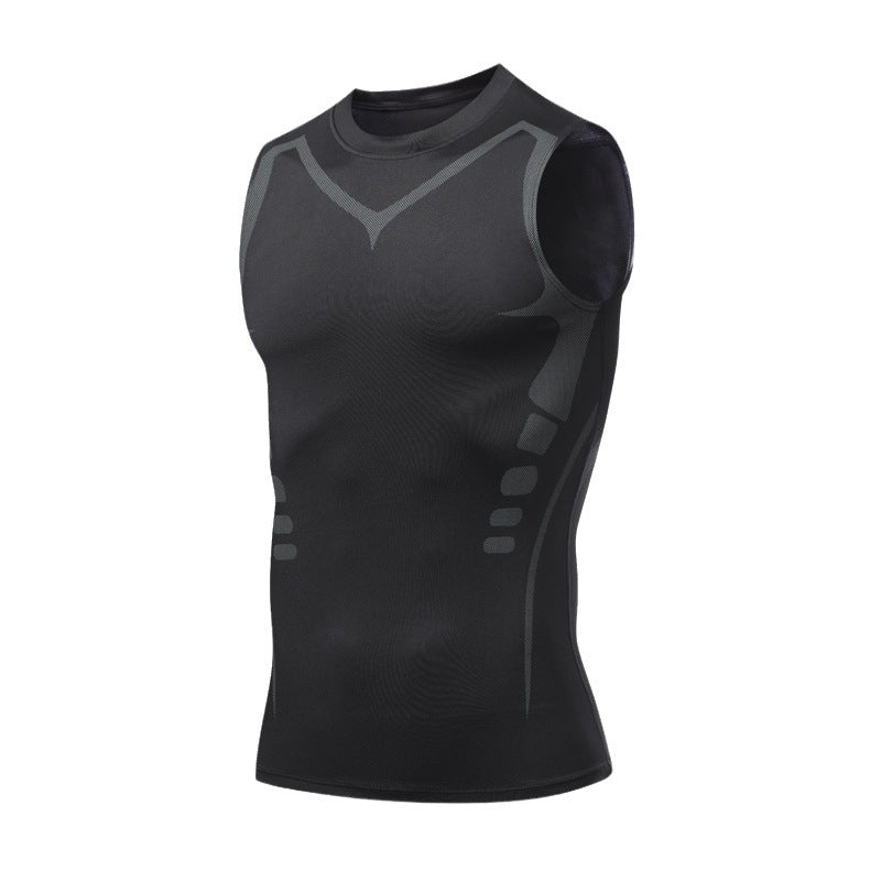 Quick-dry Men's Sports Fitted Short Sleeve Highly Elastic Breathable Moisture-wicking Fitness Training Vest