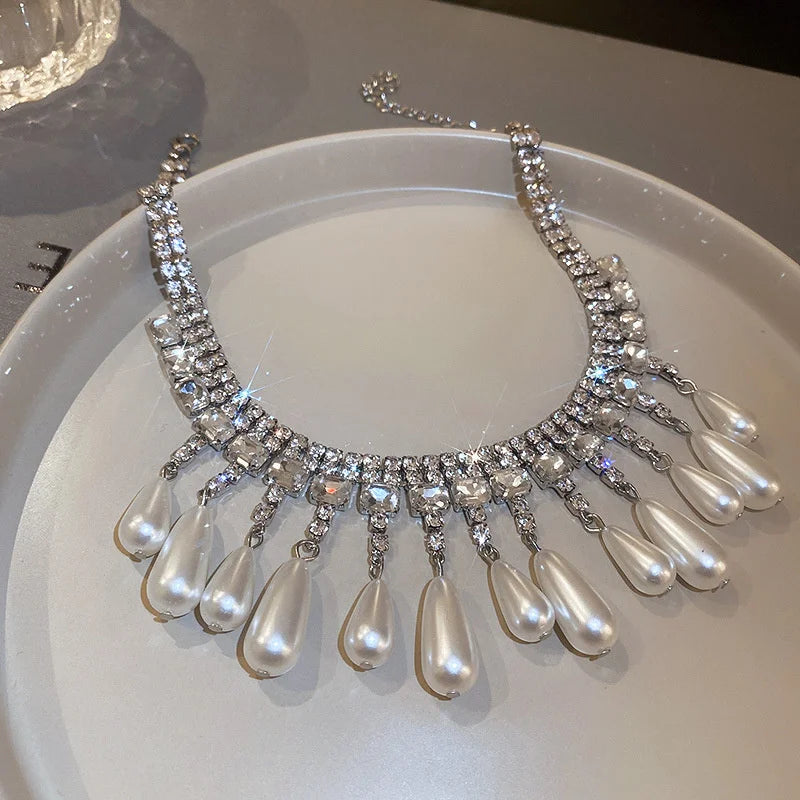 Luxury Water Drop Pearl Choker Necklaces for Women Long Tassel Crystal Necklaces Wedding Banquet Jewelry