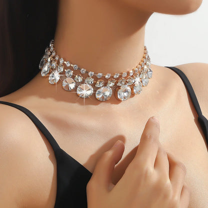Multilayer Geometric Crystal Choker Necklaces for Women Round Clavicle Chain Necklaces Statements Jewelry