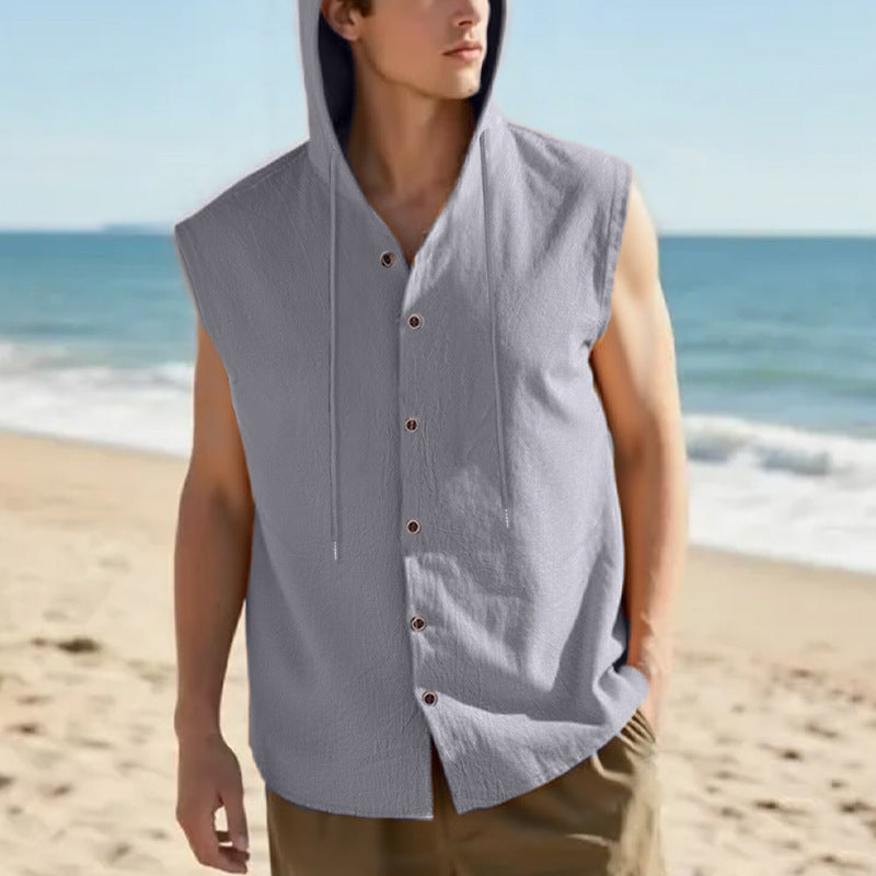 Casual Sleeveless Hooded Linen Vest for Men Breathable Solid ColorSummer Fashion