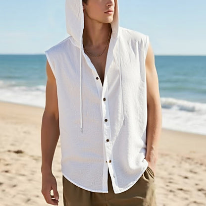 Casual Sleeveless Hooded Linen Vest for Men Breathable Solid ColorSummer Fashion