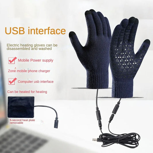 USB heated knitted gloves for charging heating warmth touch screen outdoor cycling anti slip finger gloves