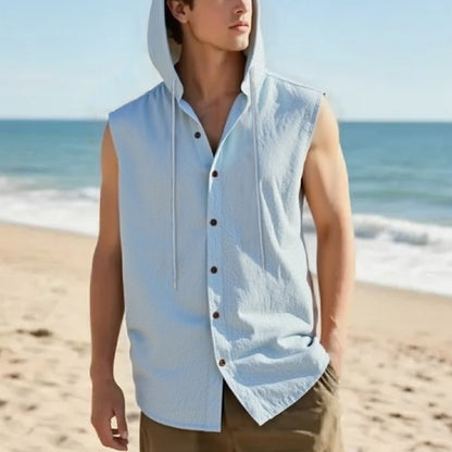 Casual Sleeveless Hooded Linen Vest for Men Breathable Solid ColorSummer Fashion