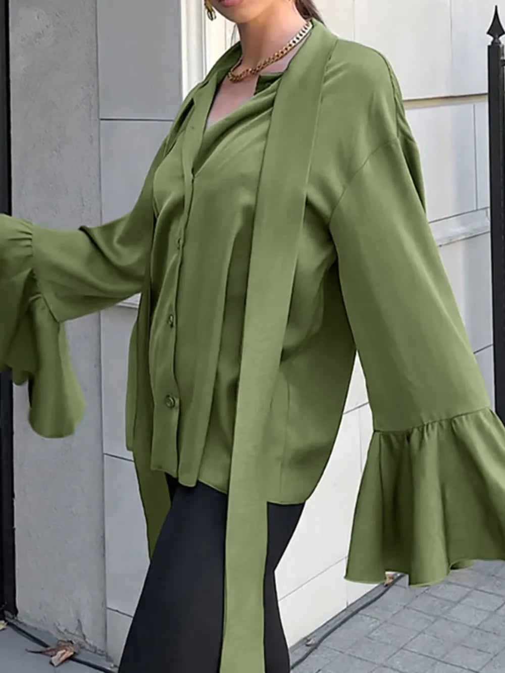 Button Down Flounce Sleeve Shirt