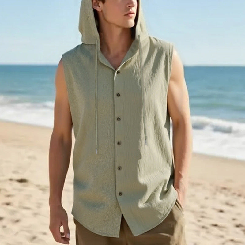 Casual Sleeveless Hooded Linen Vest for Men Breathable Solid ColorSummer Fashion
