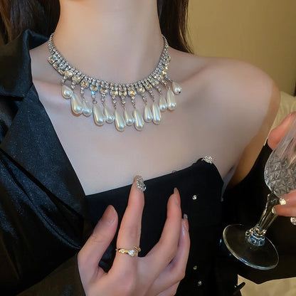 Luxury Water Drop Pearl Choker Necklaces for Women Long Tassel Crystal Necklaces Wedding Banquet Jewelry