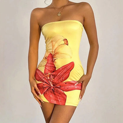 Skincare flower print slim fit hip hugging short dress