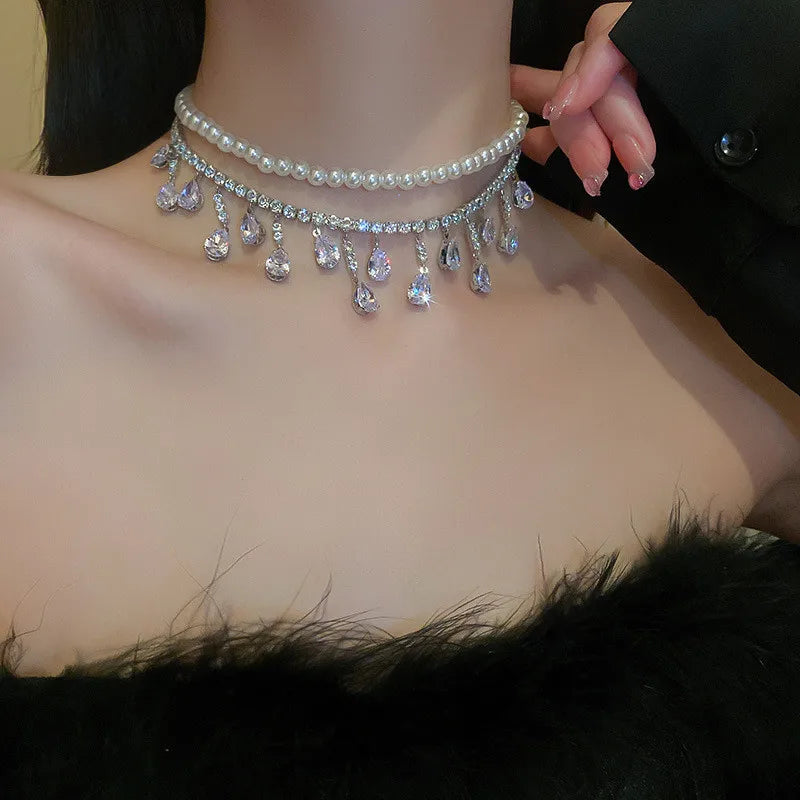 Luxury Pearl Choker Necklaces for Women Tassel Water Drop Zircon Crystal Necklaces Wedding Banquet Jewelry
