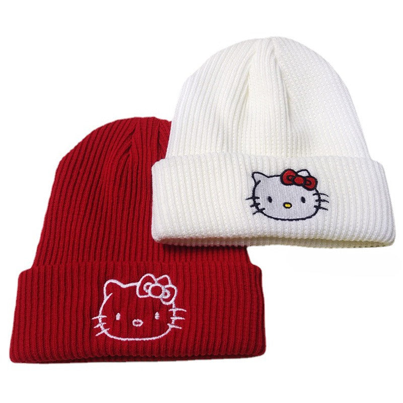 Cute Little Cat Embroidered Knitted Hat European and American Cartoon Cat Woolen Hat Kuromi Warm Hat Couple Pullover Hat