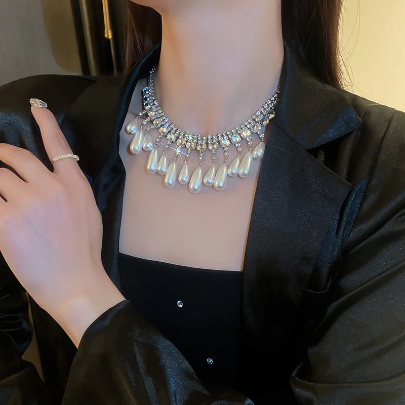 Luxury Water Drop Pearl Choker Necklaces for Women Long Tassel Crystal Necklaces Wedding Banquet Jewelry