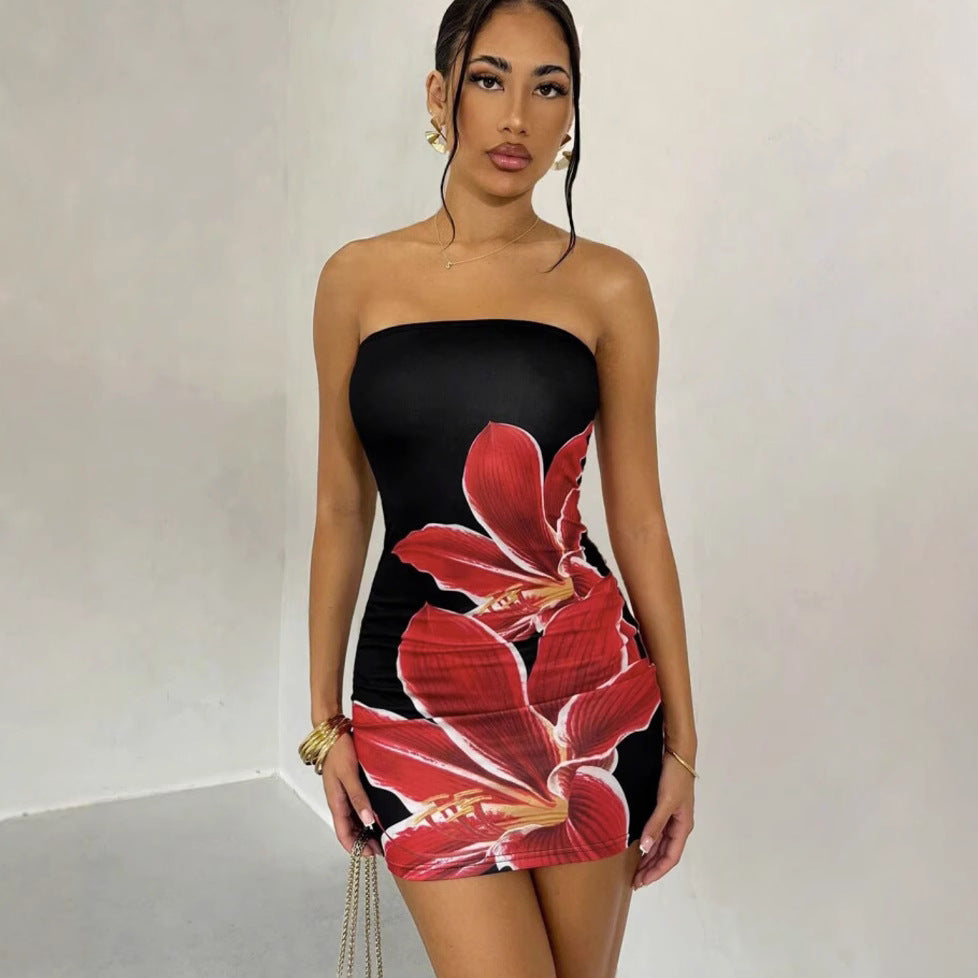 Skincare flower print slim fit hip hugging short dress
