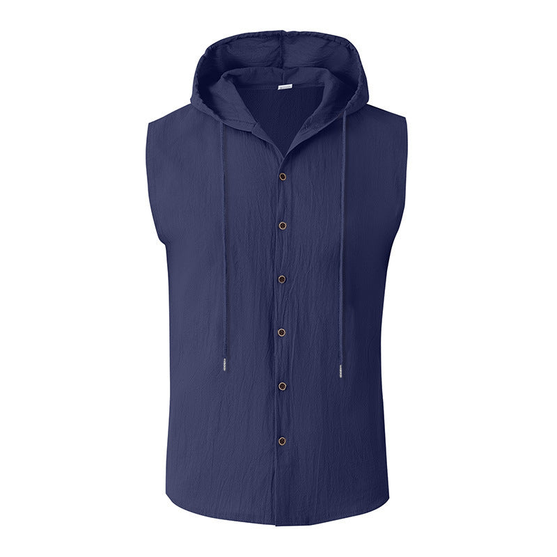 Casual Sleeveless Hooded Linen Vest for Men Breathable Solid ColorSummer Fashion