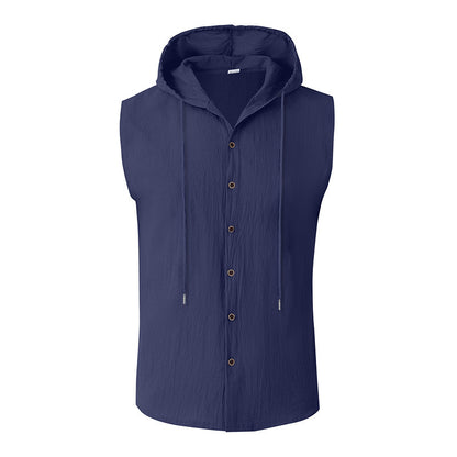 Casual Sleeveless Hooded Linen Vest for Men Breathable Solid ColorSummer Fashion