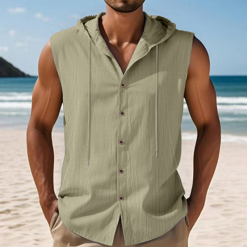 Casual Sleeveless Hooded Linen Vest for Men Breathable Solid ColorSummer Fashion