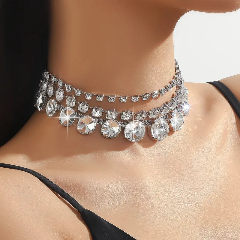 Multilayer Geometric Crystal Choker Necklaces for Women Round Clavicle Chain Necklaces Statements Jewelry