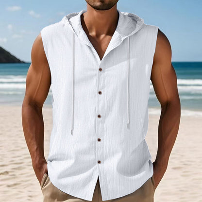 Casual Sleeveless Hooded Linen Vest for Men Breathable Solid ColorSummer Fashion