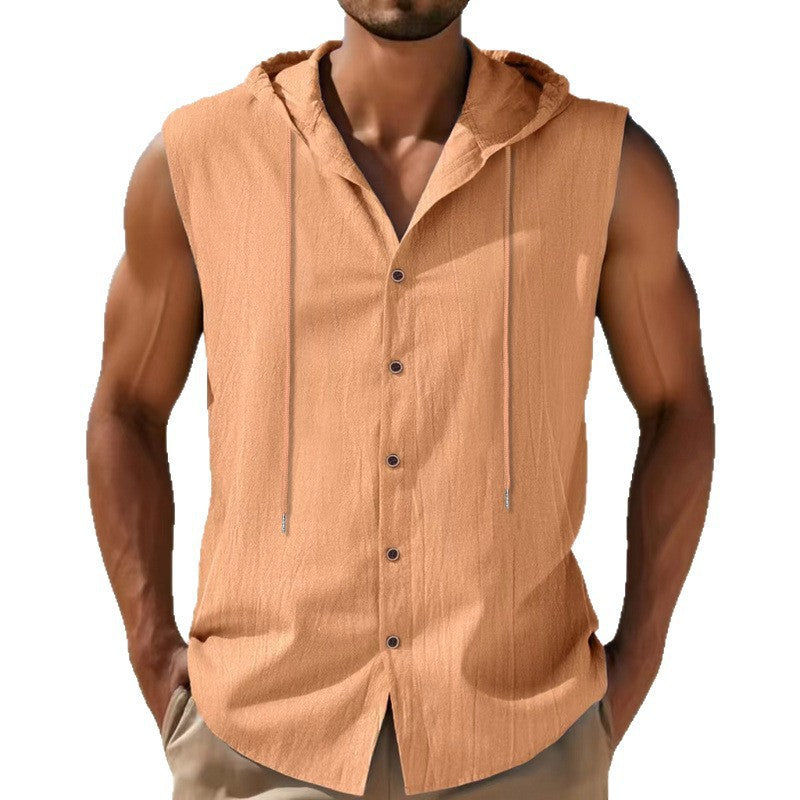 Casual Sleeveless Hooded Linen Vest for Men Breathable Solid ColorSummer Fashion