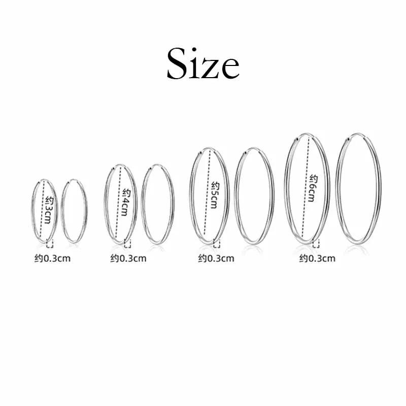 925 Sterling Silver 3MM Thick 3/4/5/6CM Hoops Earrings