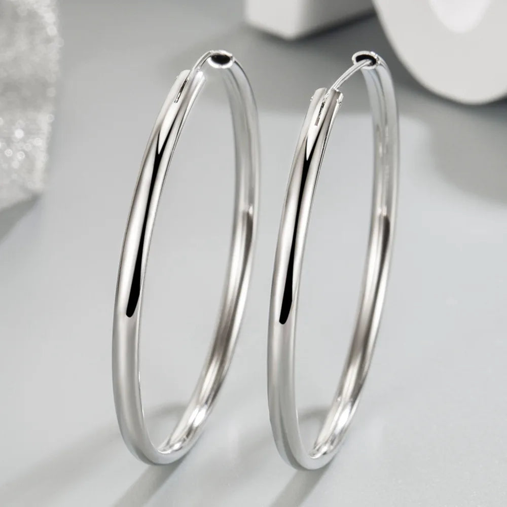 925 Sterling Silver 3MM Thick 3/4/5/6CM Hoops Earrings