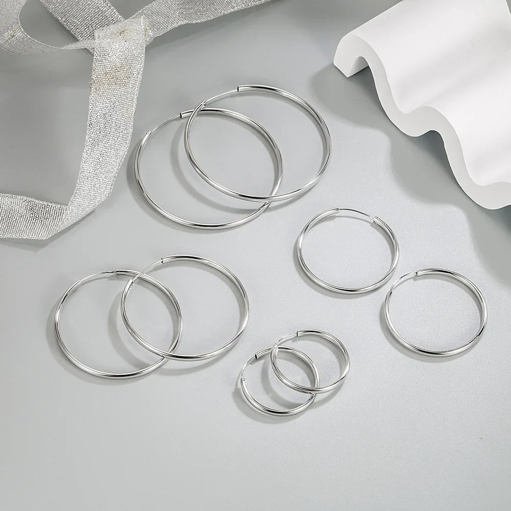925 Sterling Silver 3MM Thick 3/4/5/6CM Hoops Earrings